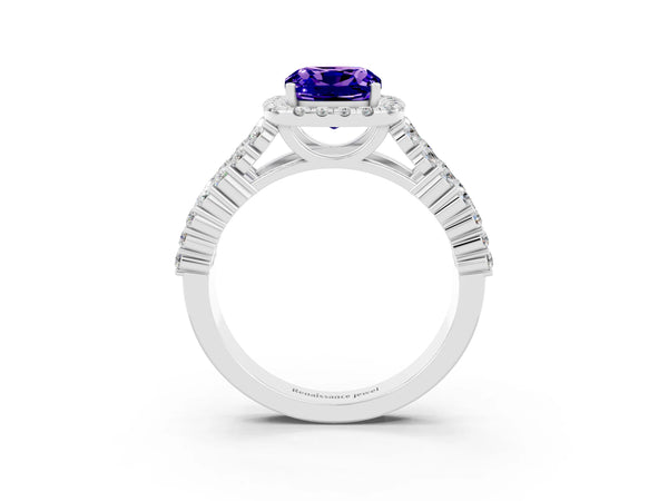 White gold Cushion Cut Tanzanite Halo Engagement Ring with Triple Row Round Pavé Band and Prong Setting