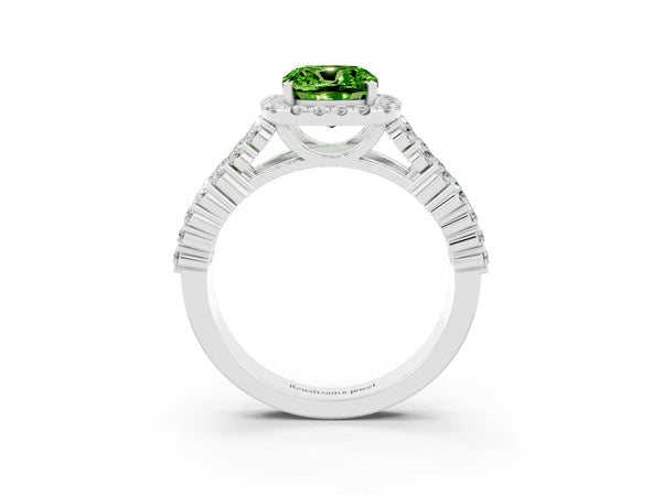Silver Cushion Cut Halo Pavé Diamond Engagement Ring with Split Shank and Four-Prong Setting