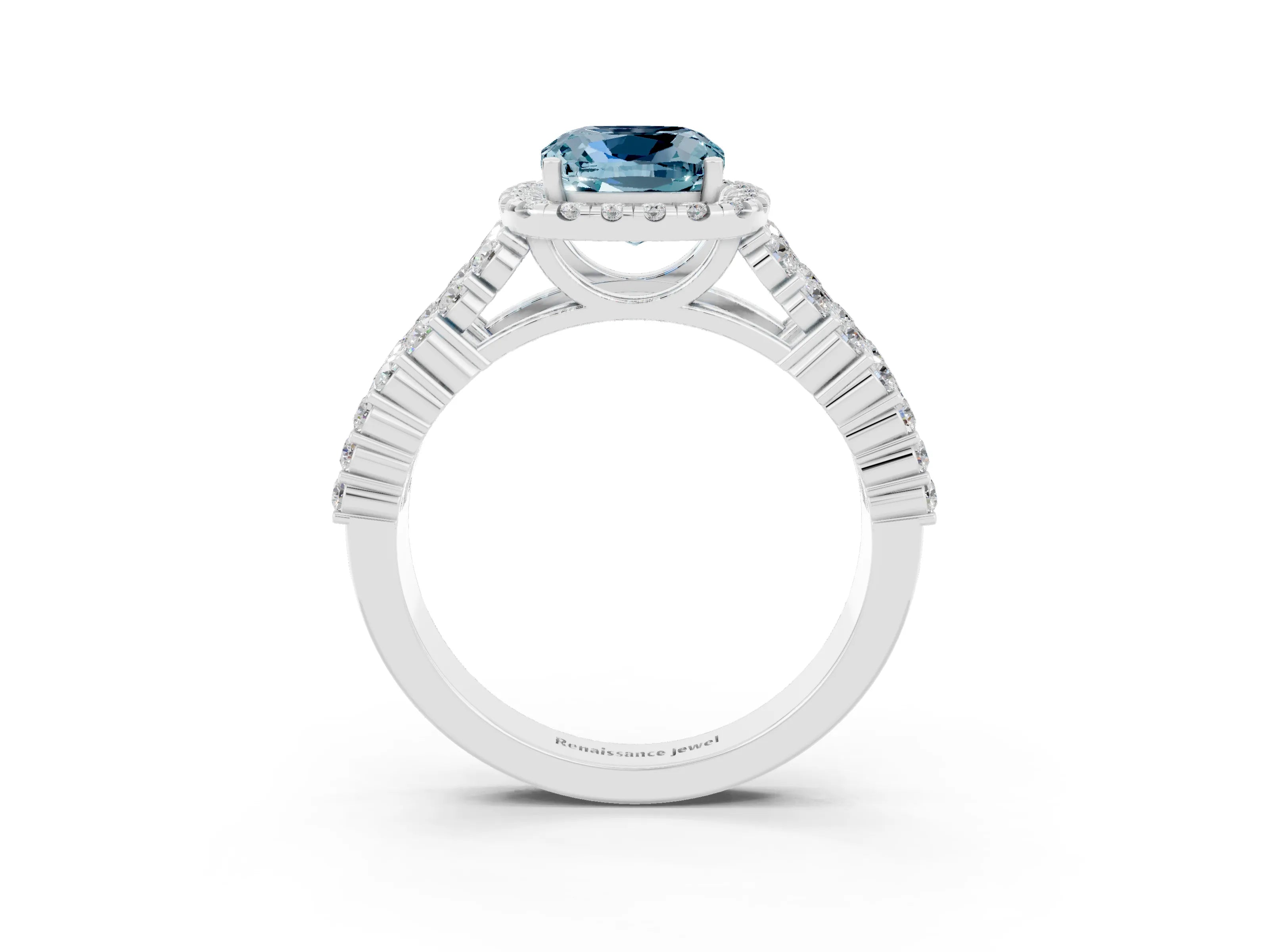 White gold Cushion Cut Halo Pavé Diamond Engagement Ring with Split Shank and Four-Prong Setting_3