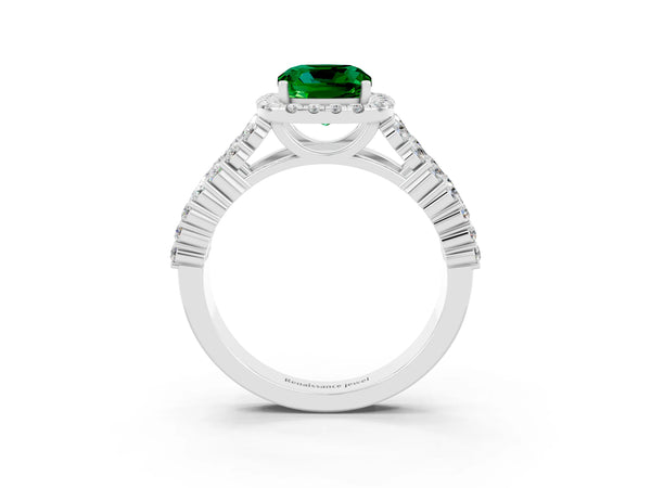 Silver Cushion Cut Emerald Halo Engagement Ring with Triple Row Round Pavé Band and Prong Setting