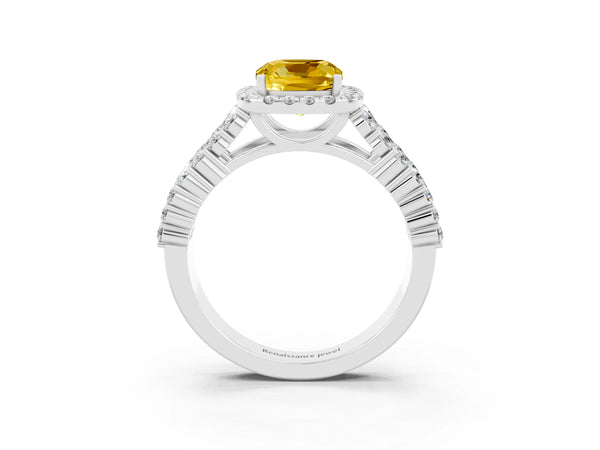 White gold Cushion Cut Yellow Sapphire Halo Engagement Ring with Triple Row Round Pavé Band and Prong Setting