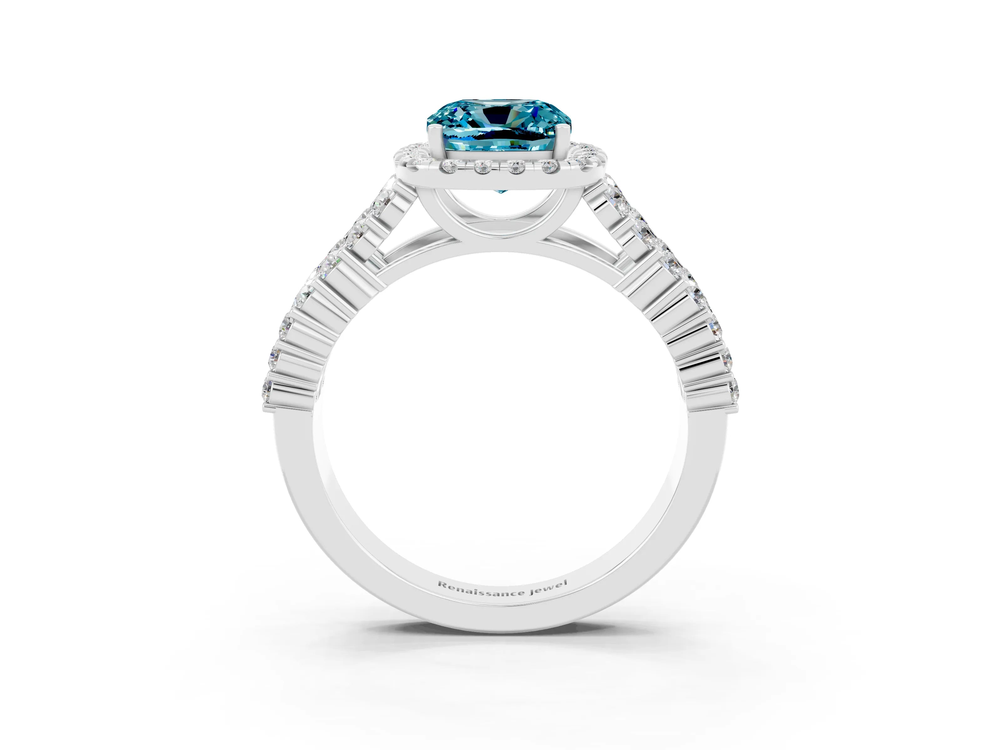 White gold Cushion Cut Halo Pavé Diamond Engagement Ring with Split Shank and Four-Prong Setting_3