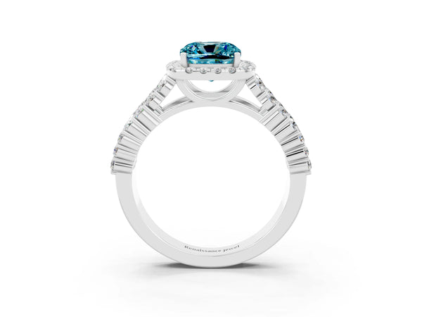 White gold Cushion Cut Halo Pavé Diamond Engagement Ring with Split Shank and Four-Prong Setting