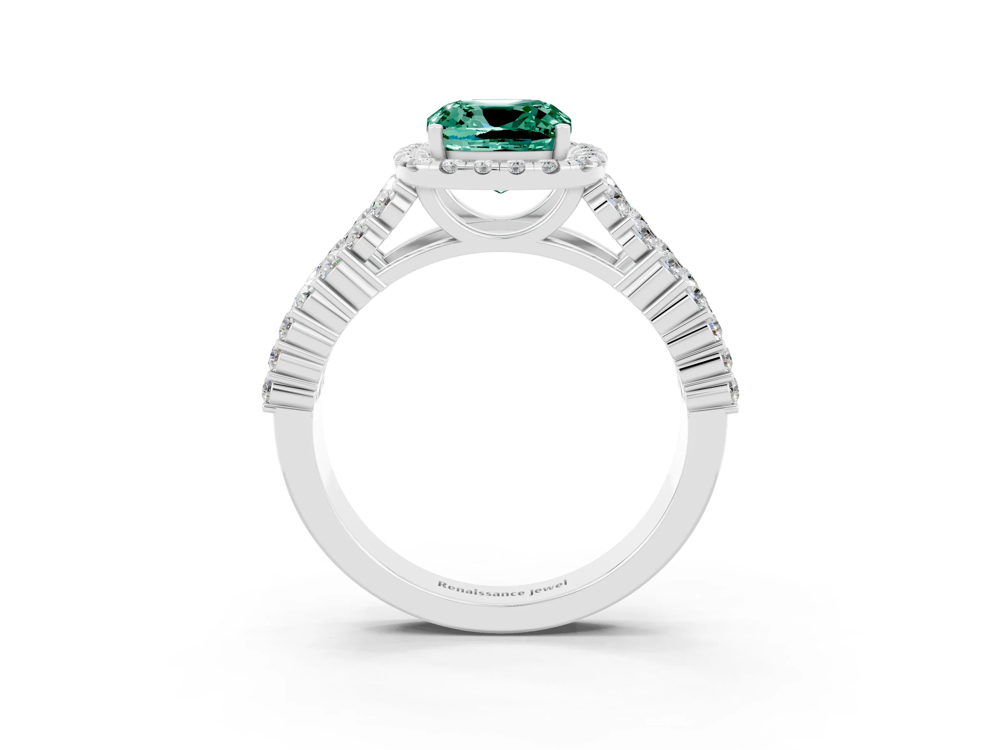 White gold Cushion Cut Halo Pavé Diamond Engagement Ring with Split Shank and Four-Prong Setting_3