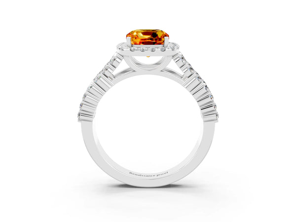 White gold Cushion Cut Citrine Halo Engagement Ring with Triple Row Round Pavé Band and Prong Setting
