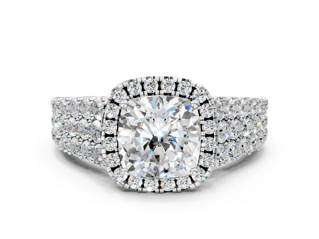 White gold Cushion Cut Halo Pavé Diamond Engagement Ring with Split Shank and Four-Prong Setting_4