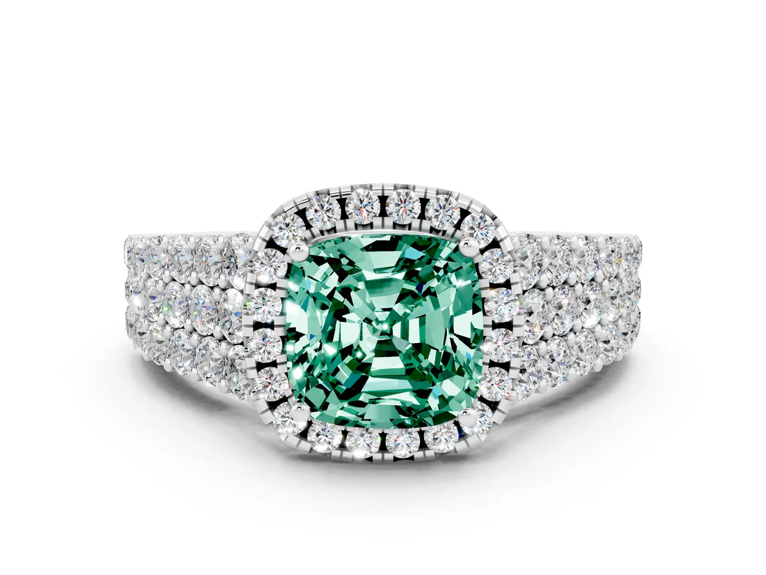 White gold Cushion Cut Halo Pavé Diamond Engagement Ring with Split Shank and Four-Prong Setting