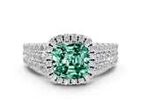 White gold Cushion Cut Halo Pavé Diamond Engagement Ring with Split Shank and Four-Prong Setting
