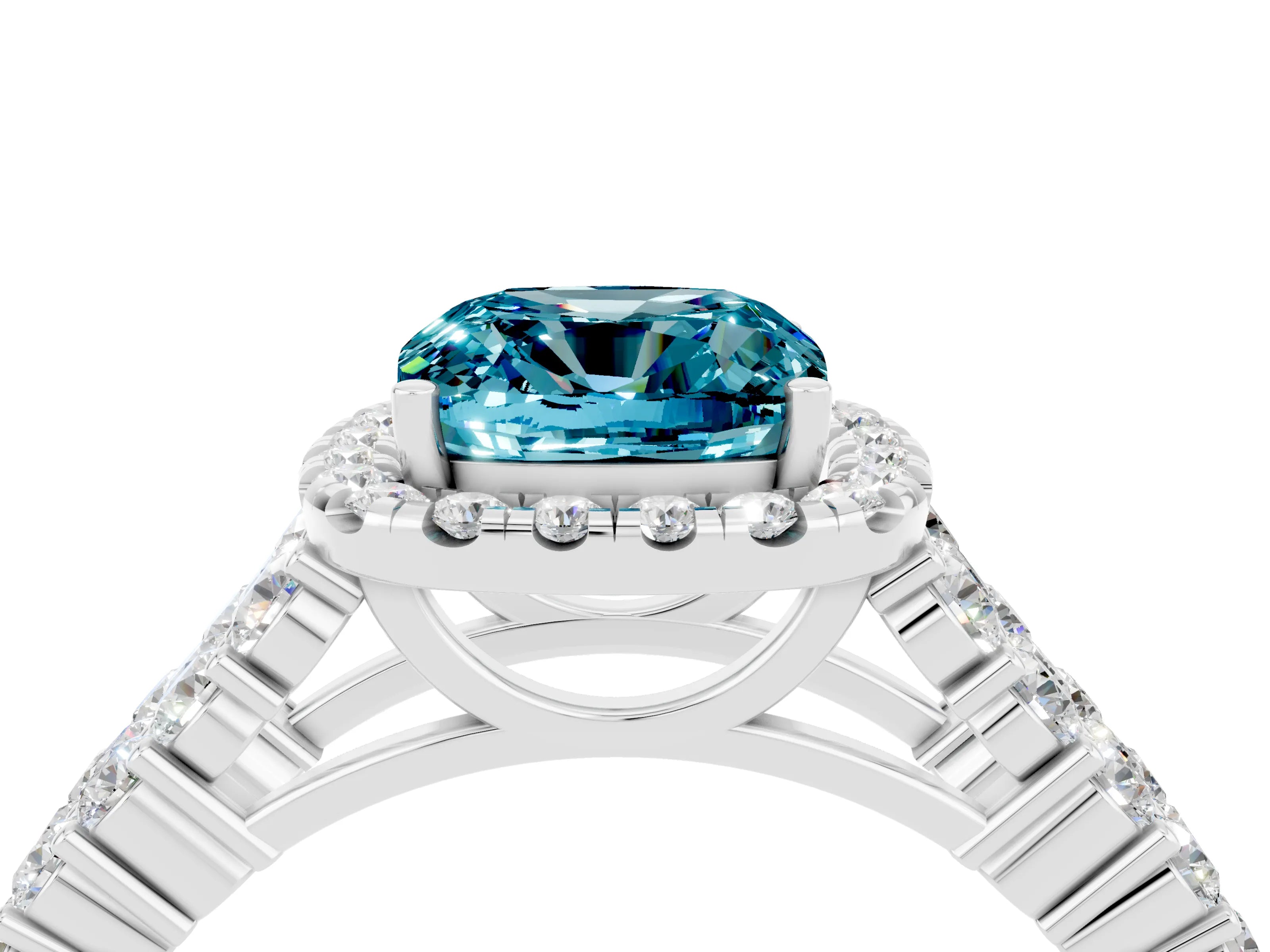 White gold Cushion Cut Halo Pavé Diamond Engagement Ring with Split Shank and Four-Prong Setting_4