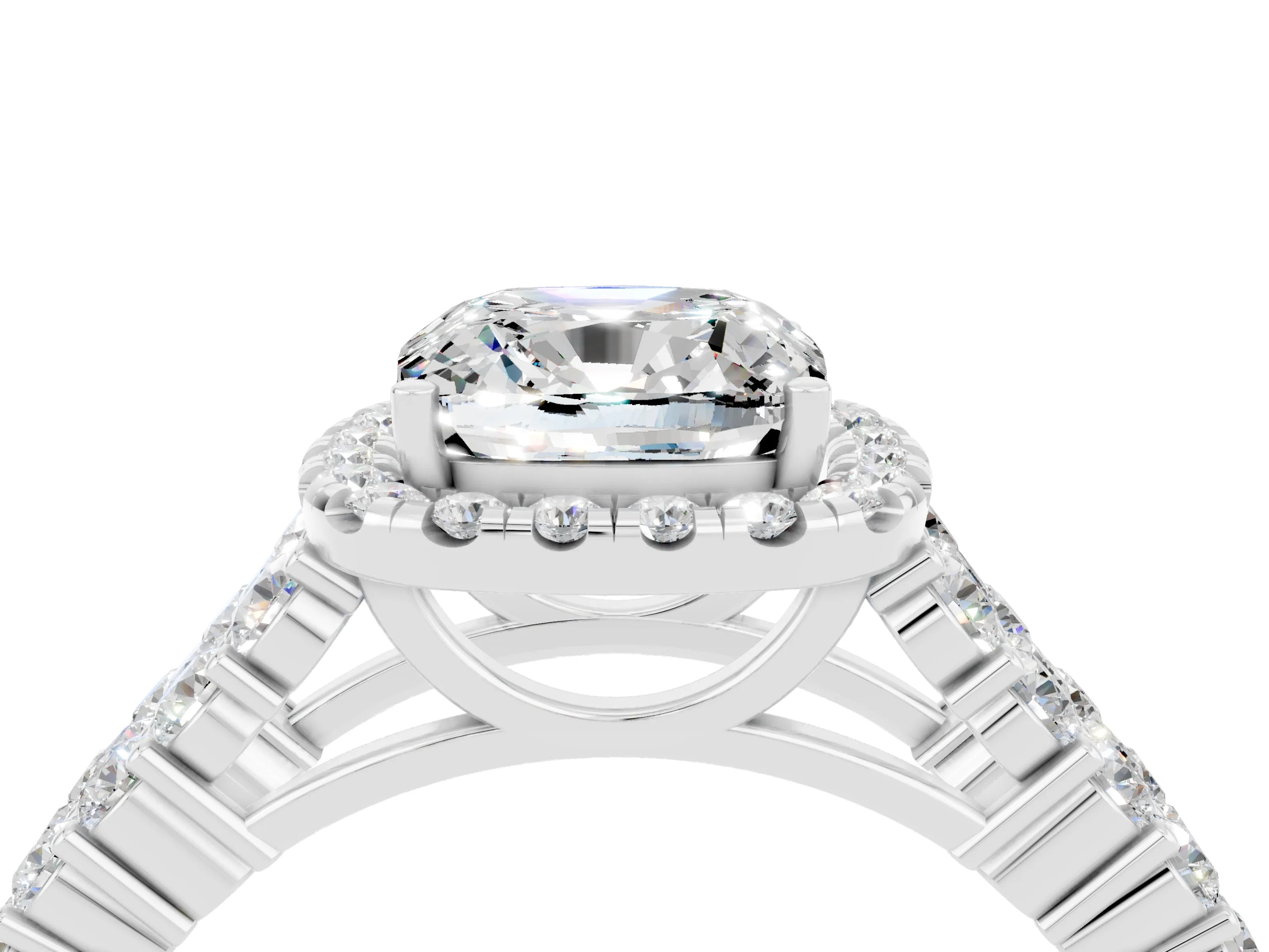 White gold Cushion Cut Halo Pavé Diamond Engagement Ring with Split Shank and Four-Prong Setting_4