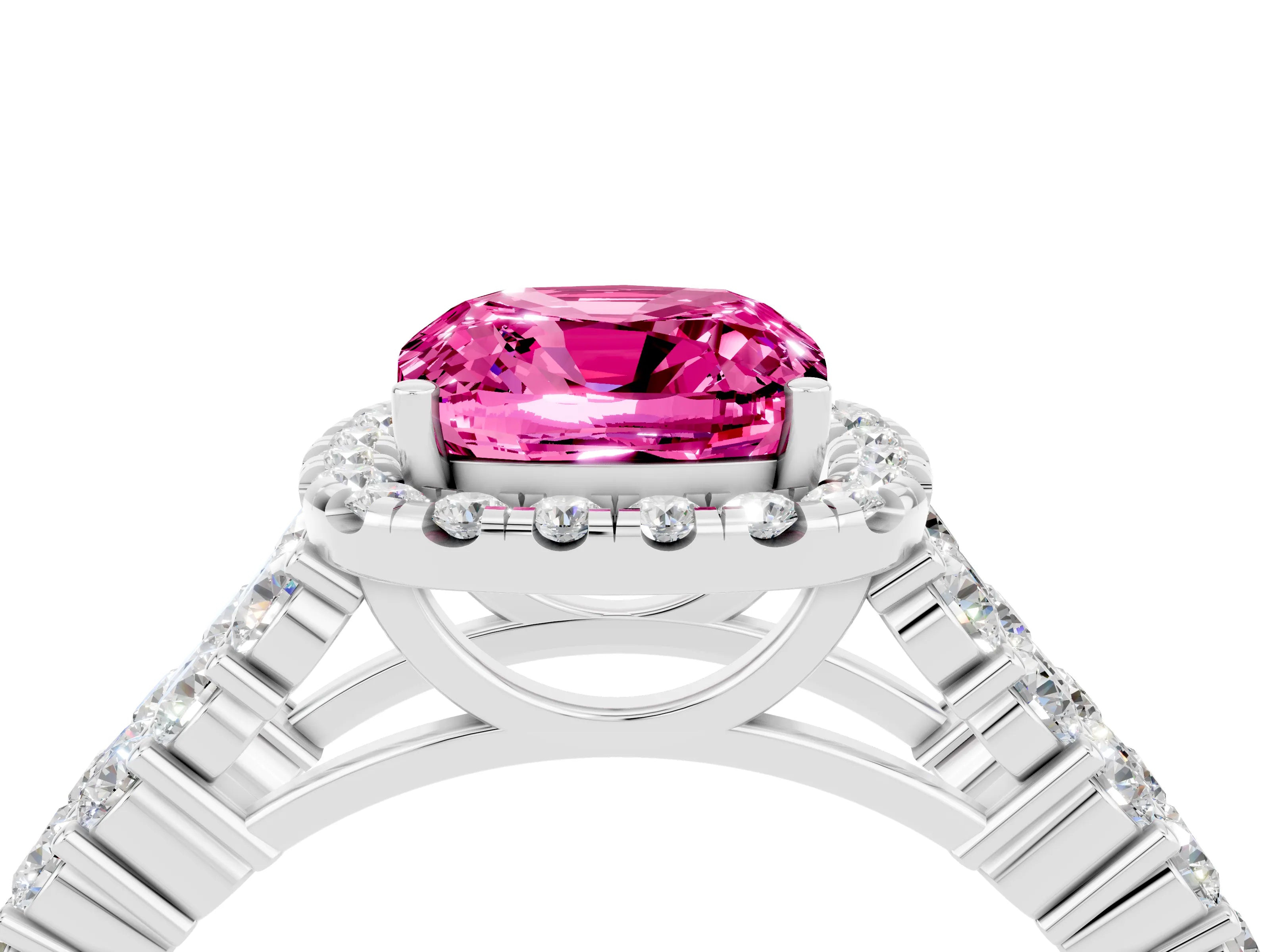 White gold Cushion Cut Halo Pavé Diamond Engagement Ring with Split Shank and Four-Prong Setting_4