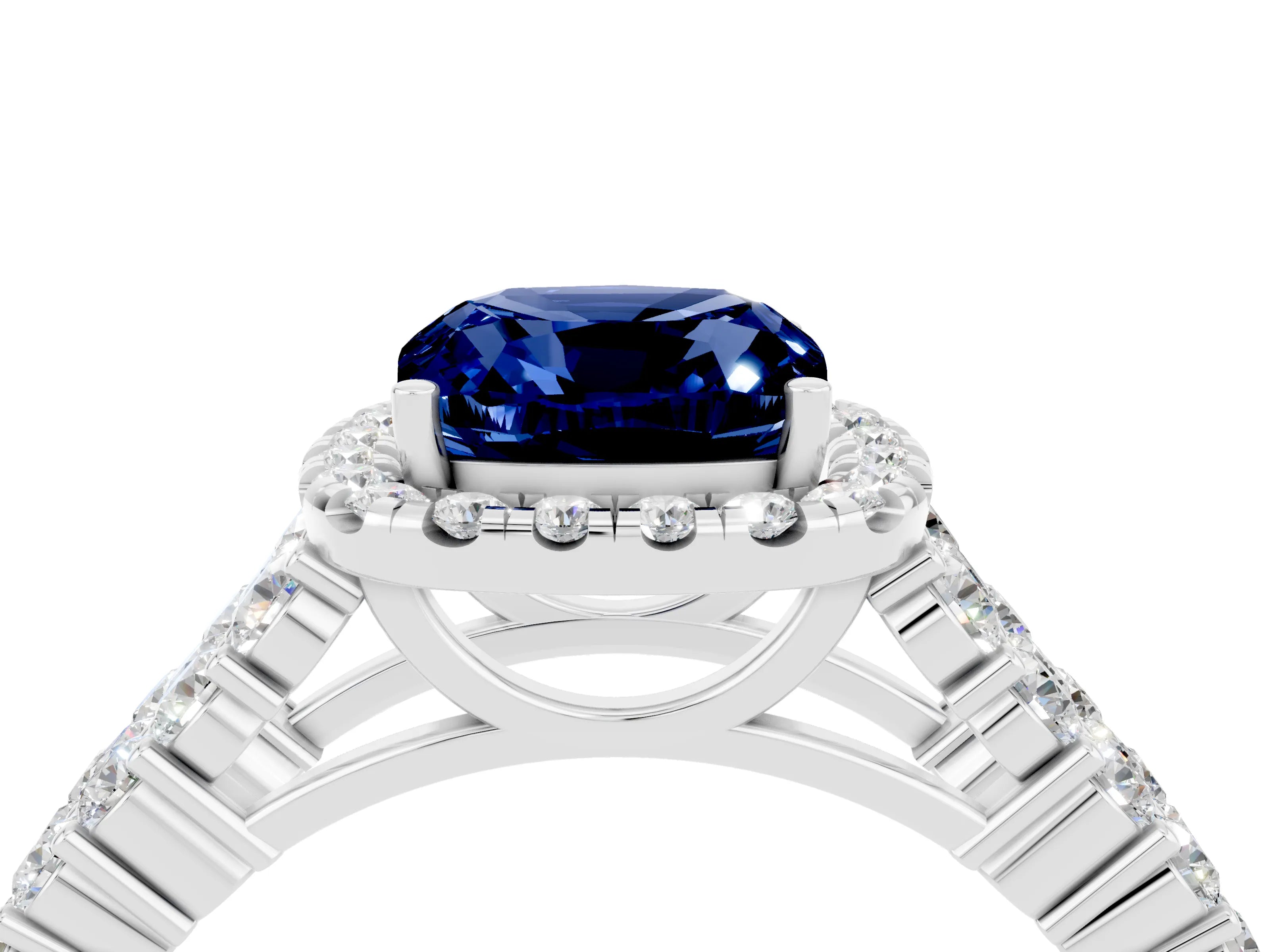 White gold Cushion Cut Halo Pavé Diamond Engagement Ring with Split Shank and Four-Prong Setting_4