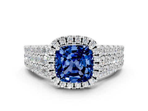 White gold Cushion Cut Halo Pavé Diamond Engagement Ring with Split Shank and Four-Prong Setting