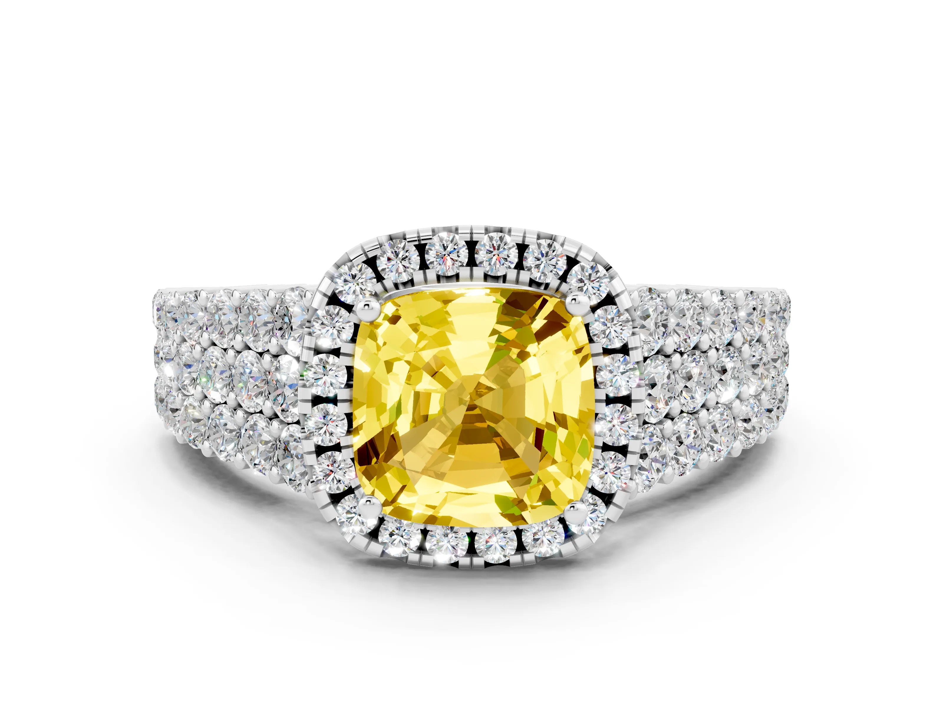 White gold Cushion Cut Halo Pavé Diamond Engagement Ring with Split Shank and Four-Prong Setting