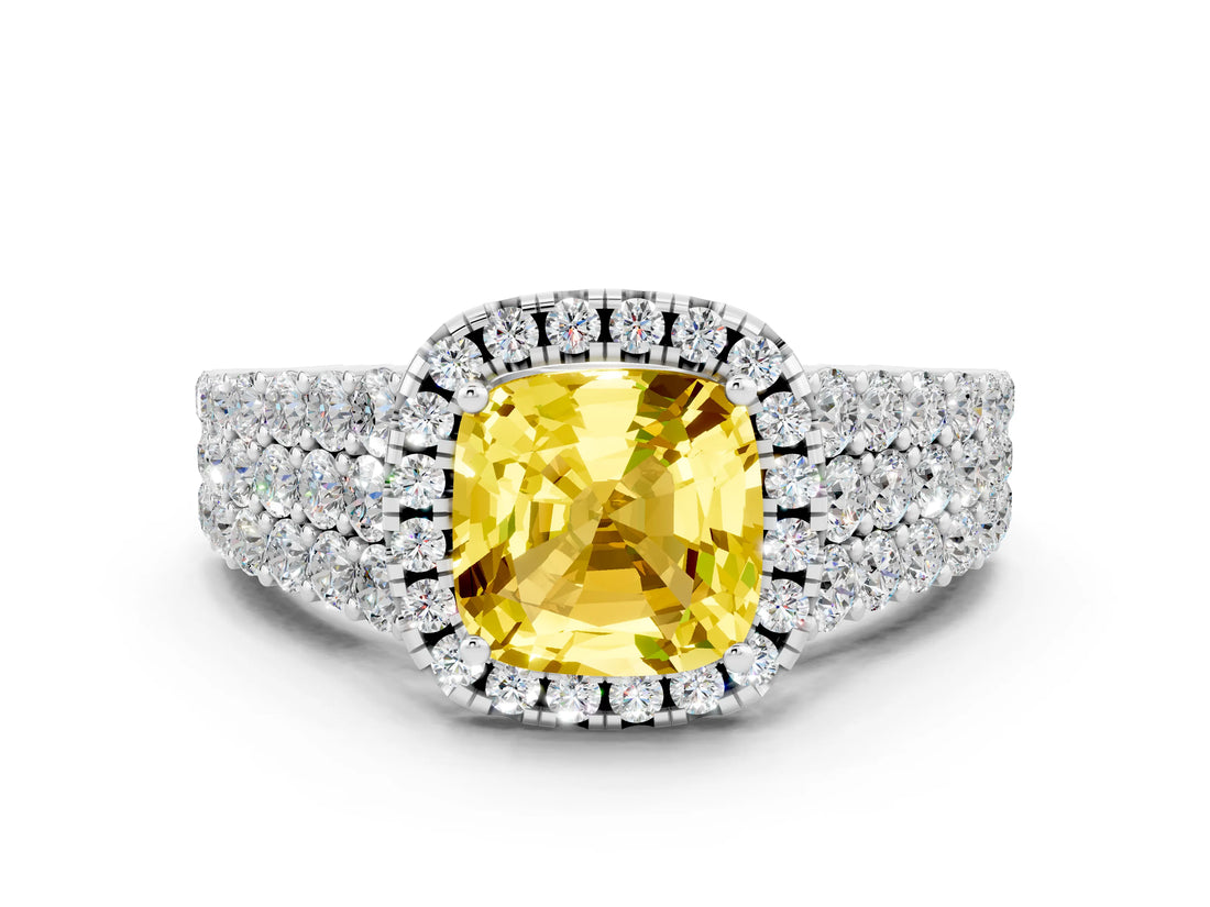 White gold Cushion Cut Halo Pavé Diamond Engagement Ring with Split Shank and Four-Prong Setting