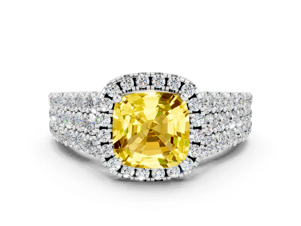 Platinum Cushion Cut Yellow Sapphire Halo Engagement Ring with Triple Row Round Pavé Band and Prong Setting