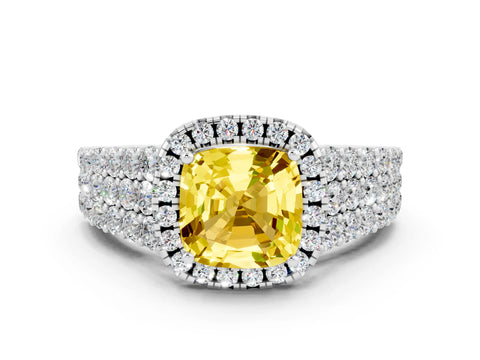 White gold Cushion Cut Halo Pavé Diamond Engagement Ring with Split Shank and Four-Prong Setting