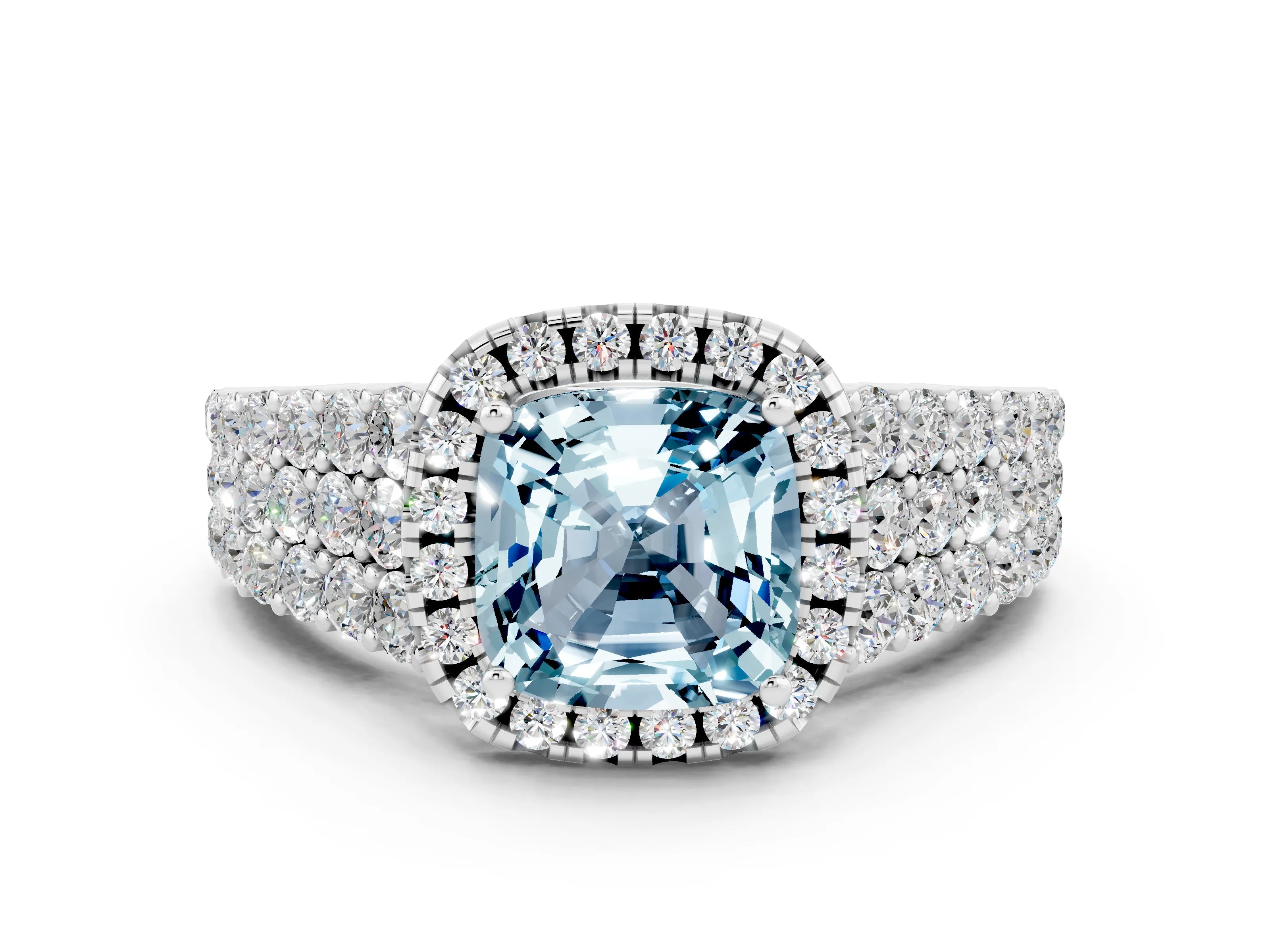 White gold Cushion Cut Halo Pavé Diamond Engagement Ring with Split Shank and Four-Prong Setting