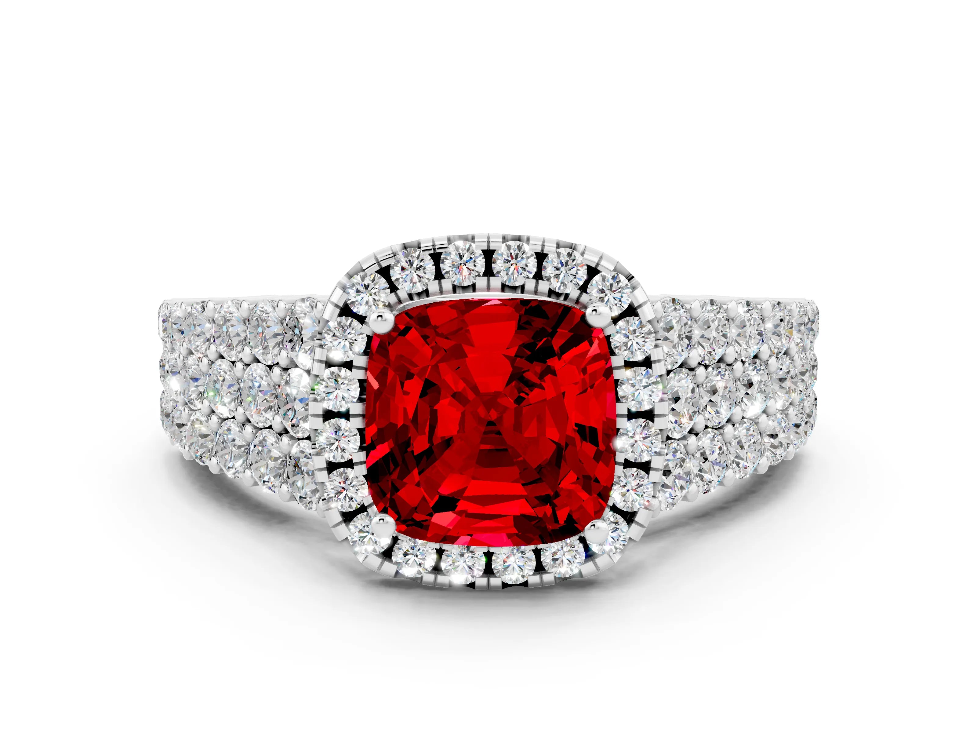 White gold Cushion Cut Halo Pavé Diamond Engagement Ring with Split Shank and Four-Prong Setting