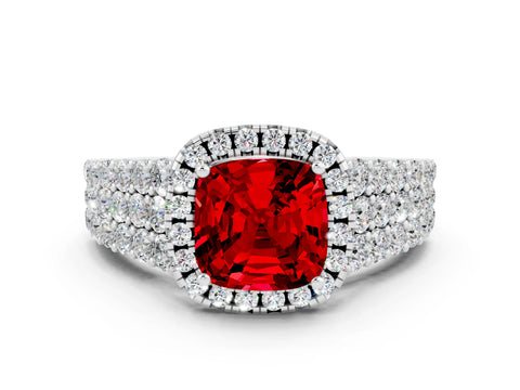 White gold Cushion Cut Halo Pavé Diamond Engagement Ring with Split Shank and Four-Prong Setting