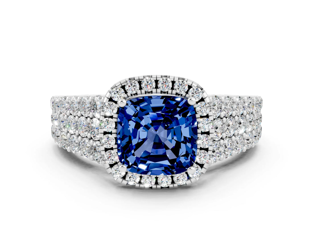White gold Cushion Cut Halo Pavé Diamond Engagement Ring with Split Shank and Four-Prong Setting