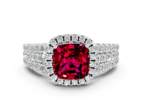 White gold Cushion Cut Garnet Halo Engagement Ring with Triple Row Round Pavé Band and Prong Setting