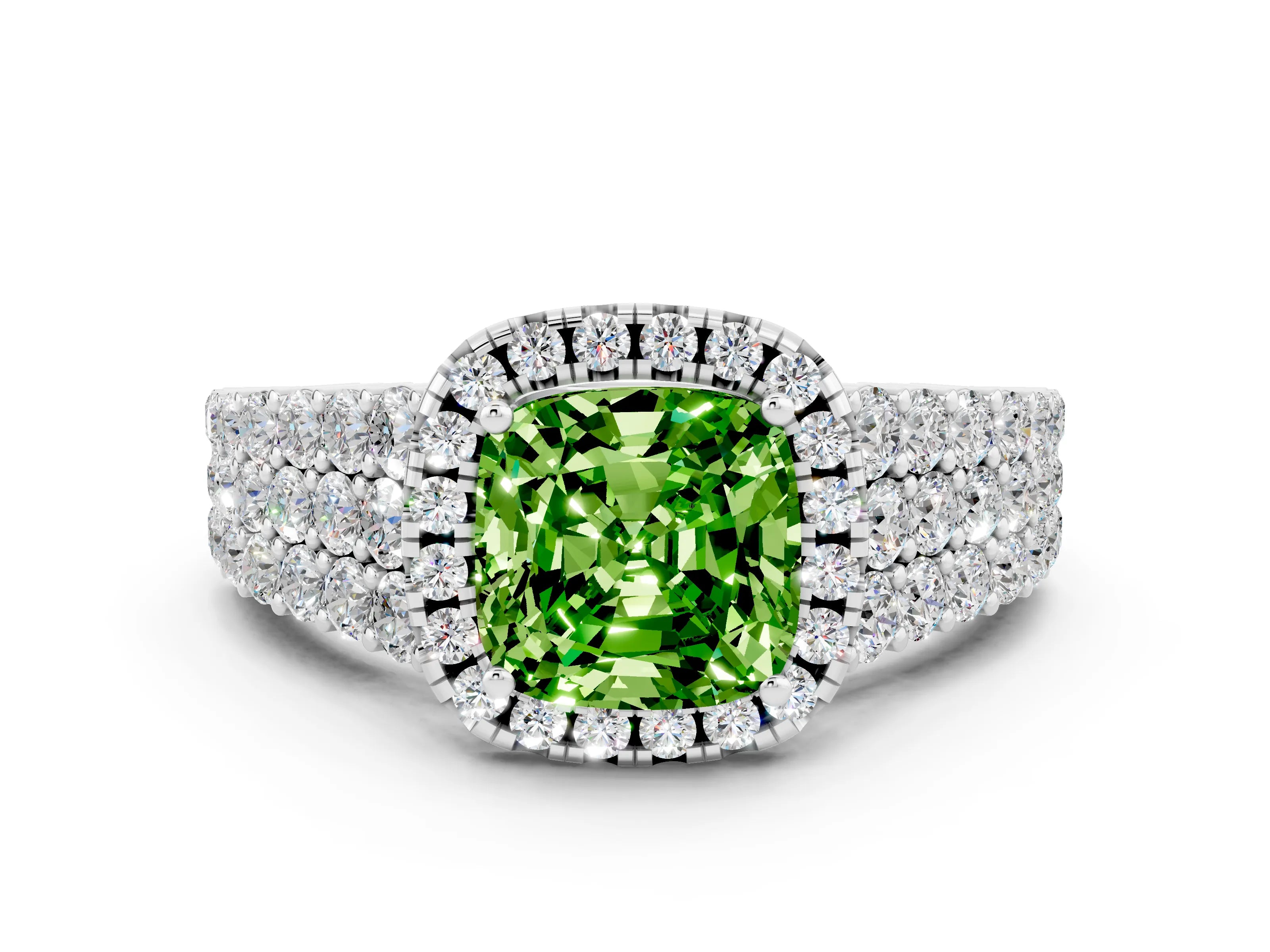 White gold Cushion Cut Halo Pavé Diamond Engagement Ring with Split Shank and Four-Prong Setting