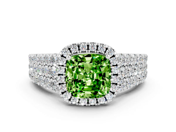 Platinum Cushion Cut Halo Pavé Diamond Engagement Ring with Split Shank and Four-Prong Setting