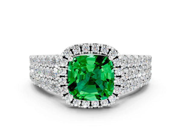 White gold Cushion Cut Emerald Halo Engagement Ring with Triple Row Round Pavé Band and Prong Setting