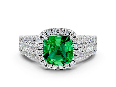 White gold Cushion Cut Halo Pavé Diamond Engagement Ring with Split Shank and Four-Prong Setting