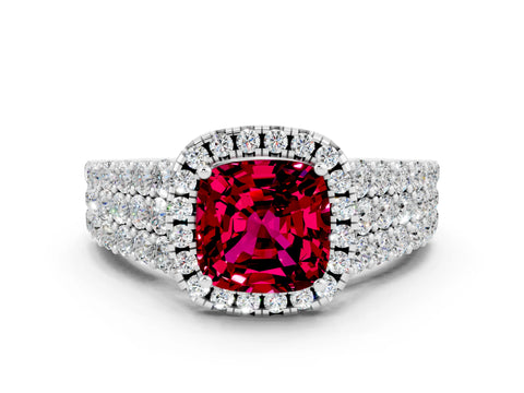White gold Cushion Cut Halo Pavé Diamond Engagement Ring with Split Shank and Four-Prong Setting