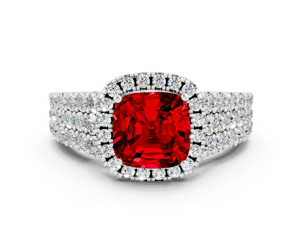 Platinum Cushion Cut Halo Pavé Diamond Engagement Ring with Split Shank and Four-Prong Setting