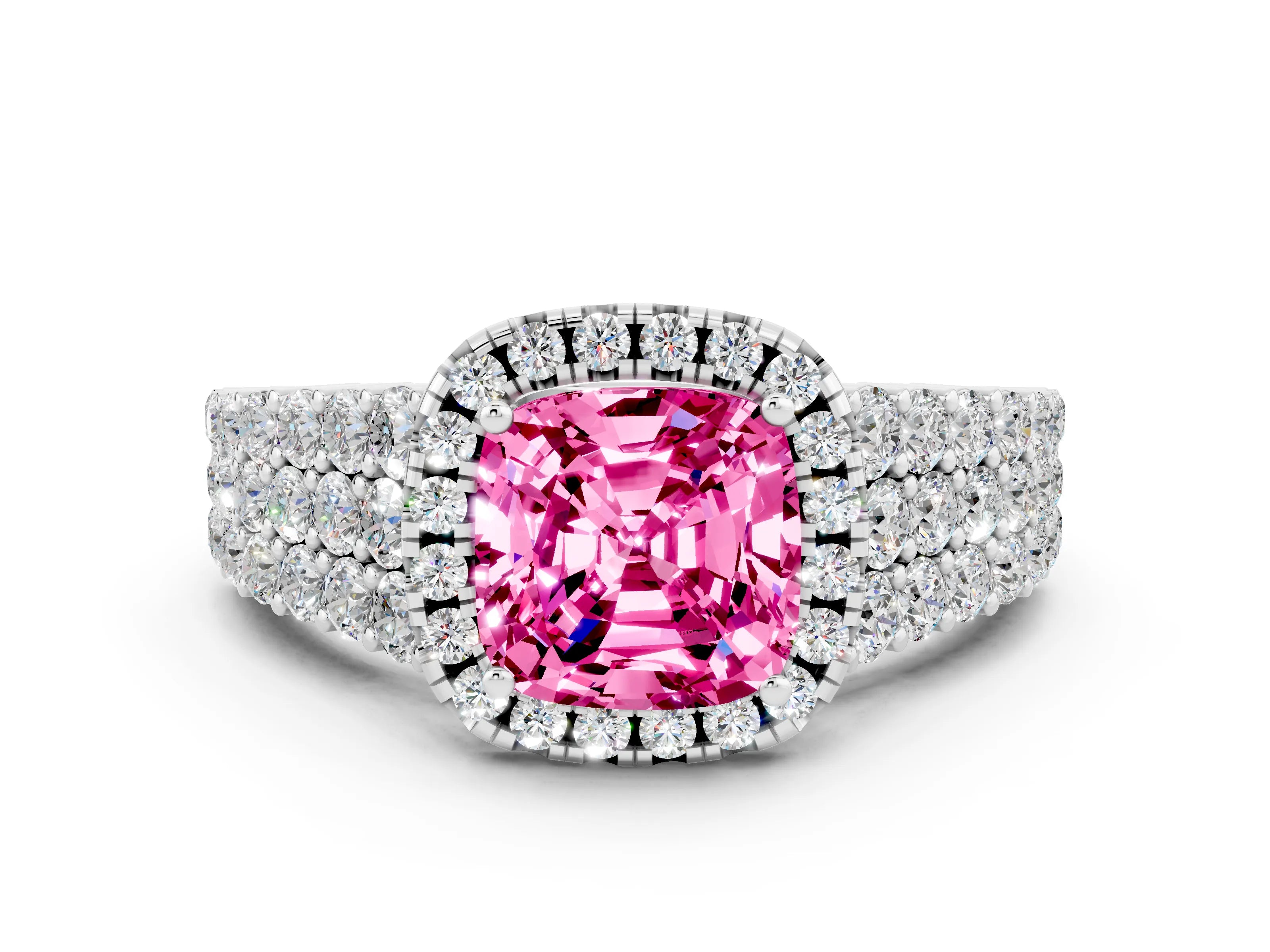 White gold Cushion Cut Halo Pavé Diamond Engagement Ring with Split Shank and Four-Prong Setting