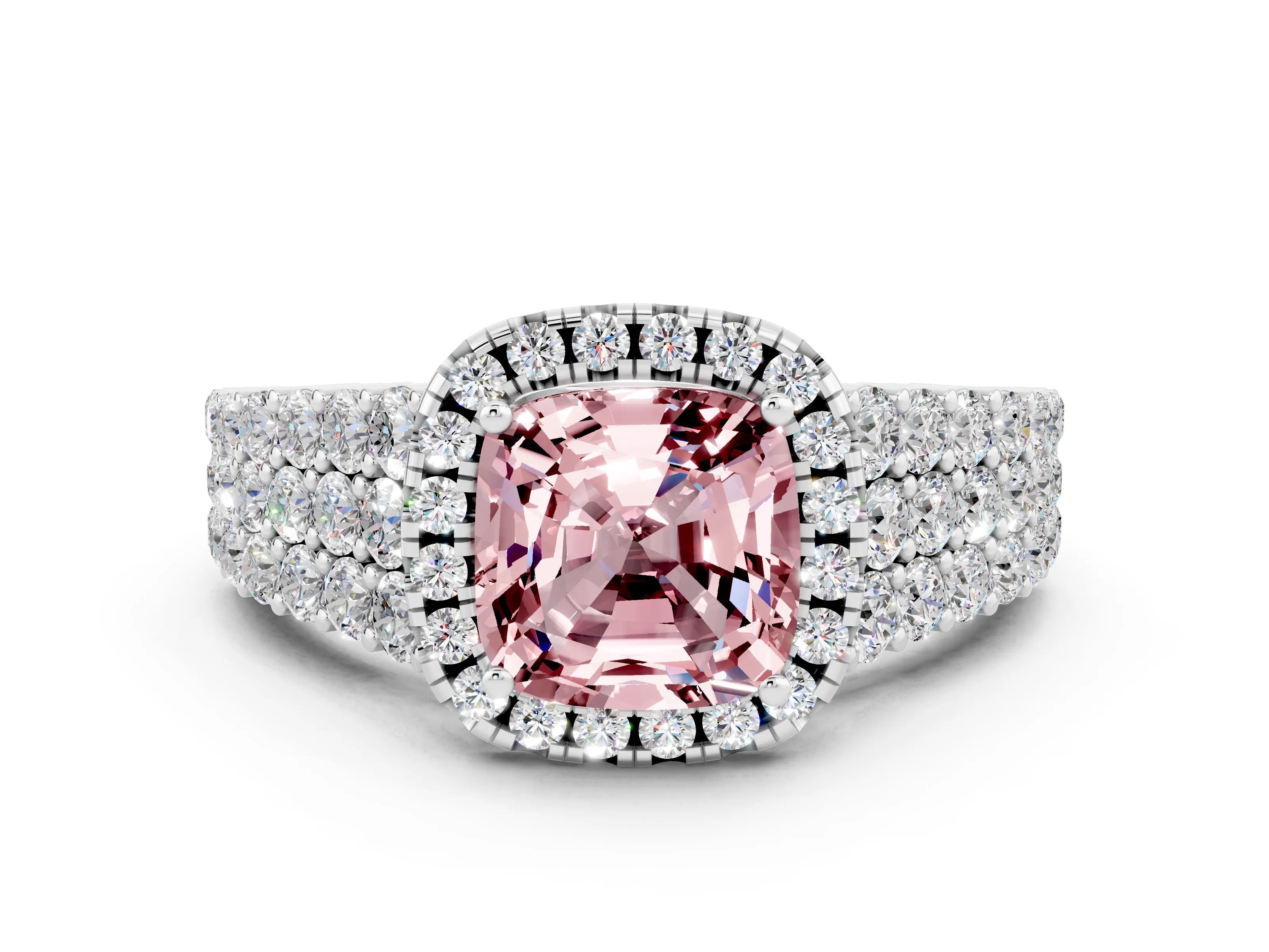 White gold Cushion Cut Halo Pavé Diamond Engagement Ring with Split Shank and Four-Prong Setting