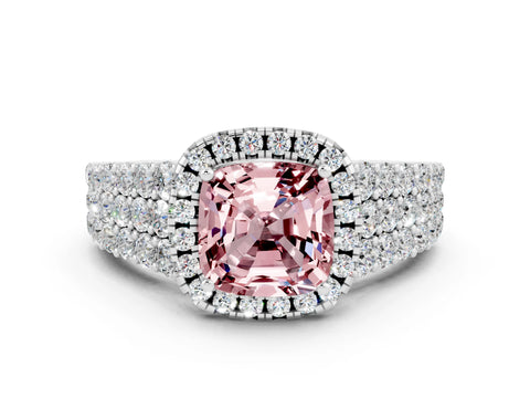 White gold Cushion Cut Halo Pavé Diamond Engagement Ring with Split Shank and Four-Prong Setting