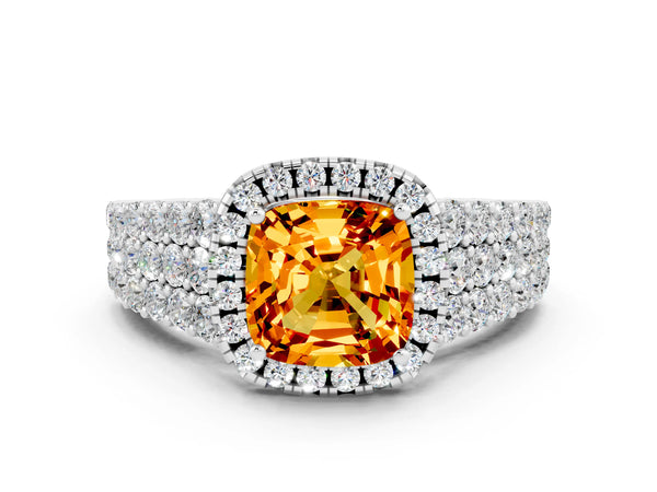 White gold Cushion Cut Citrine Halo Engagement Ring with Triple Row Round Pavé Band and Prong Setting