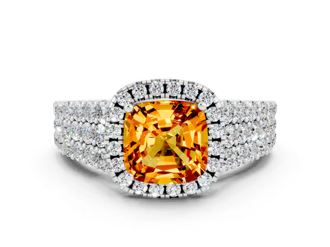 White gold Cushion Cut Halo Pavé Diamond Engagement Ring with Split Shank and Four-Prong Setting