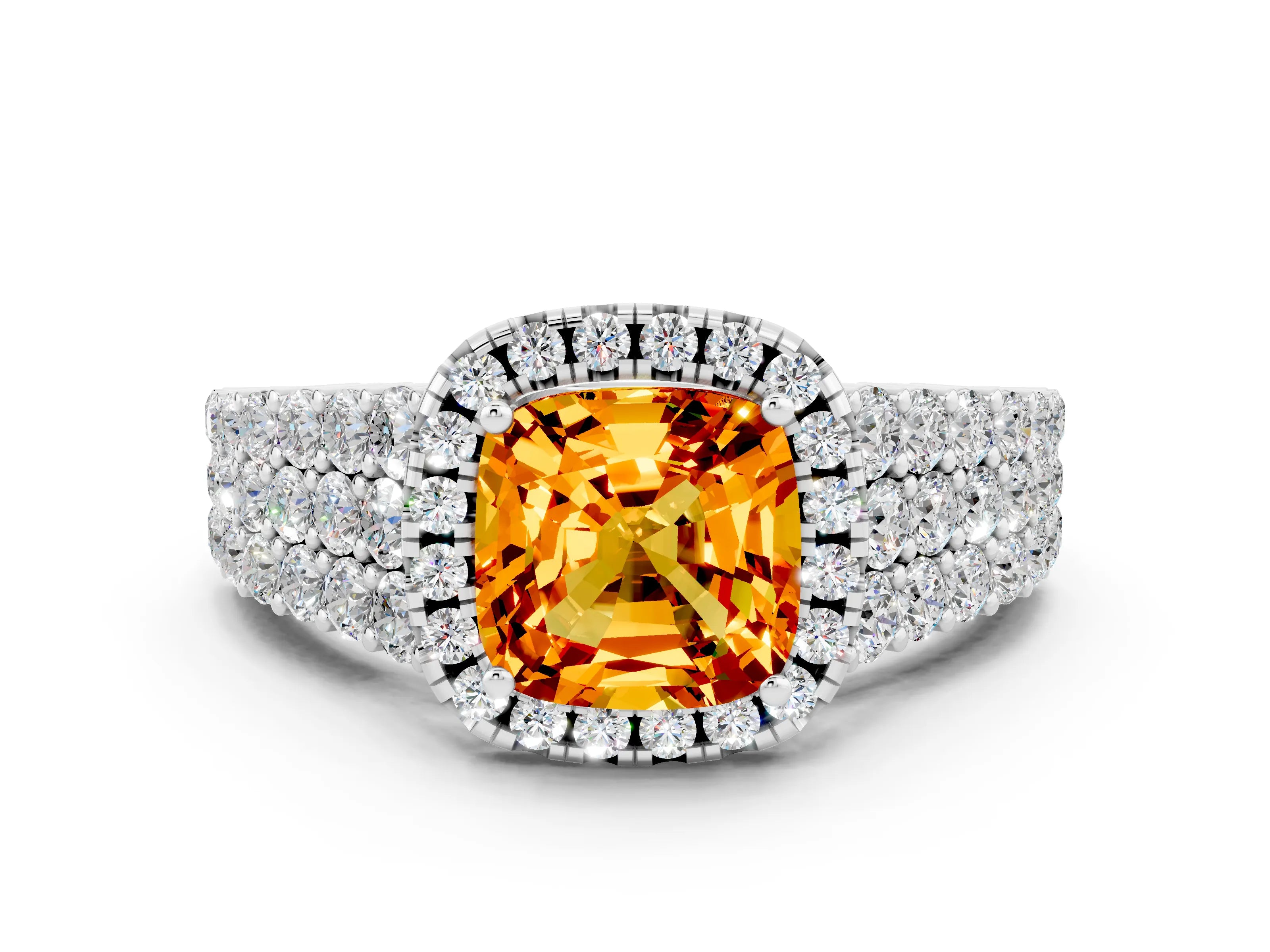White gold Cushion Cut Halo Pavé Diamond Engagement Ring with Split Shank and Four-Prong Setting