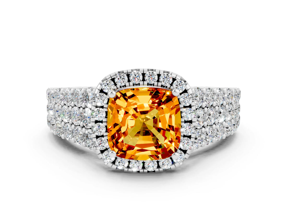White gold Cushion Cut Halo Pavé Diamond Engagement Ring with Split Shank and Four-Prong Setting
