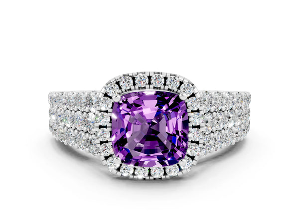 Platinum Cushion Cut Amethyst Halo Engagement Ring with Triple Row Round Pavé Band and Prong Setting