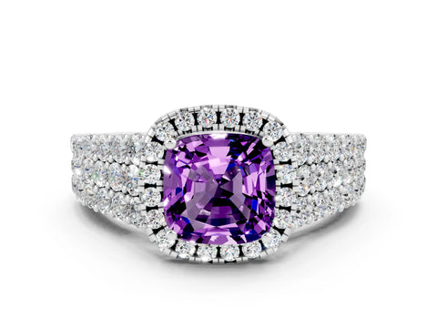 White gold Cushion Cut Halo Pavé Diamond Engagement Ring with Split Shank and Four-Prong Setting