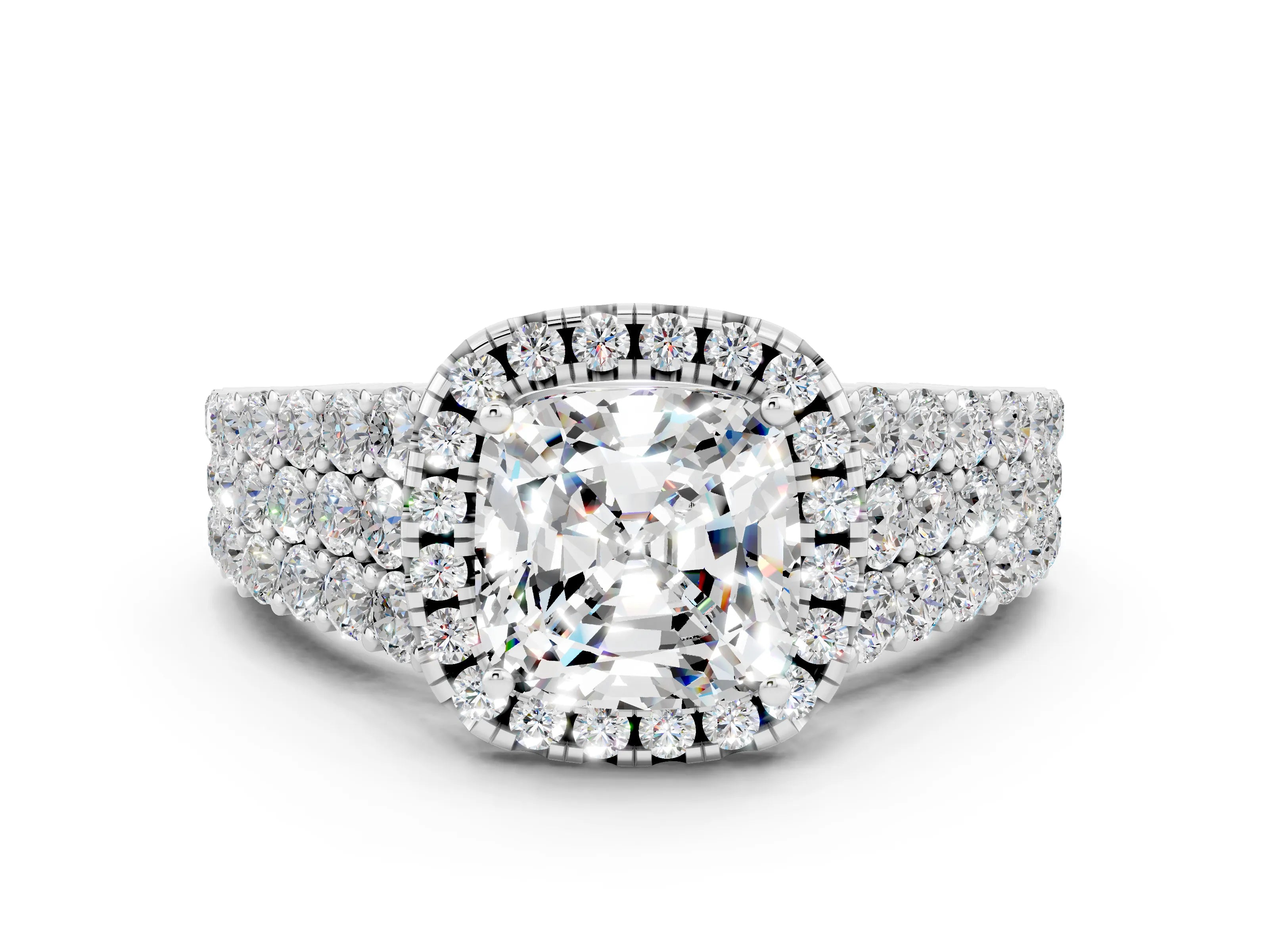 White gold Cushion Cut Halo Pavé Diamond Engagement Ring with Split Shank and Four-Prong Setting