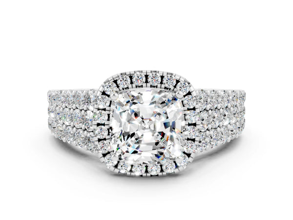 Silver Cushion Cut Moissanite Halo Engagement Ring with Triple Row Round Pavé Band and Prong Setting