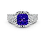 White gold Cushion Cut Halo Pavé Diamond Engagement Ring with Split Shank and Four-Prong Setting