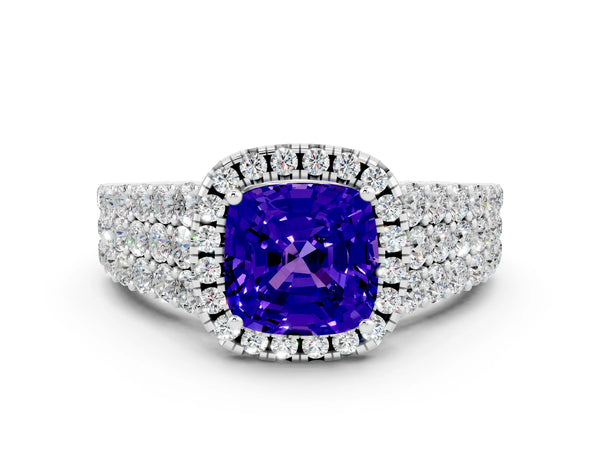 White gold Cushion Cut Tanzanite Halo Engagement Ring with Triple Row Round Pavé Band and Prong Setting