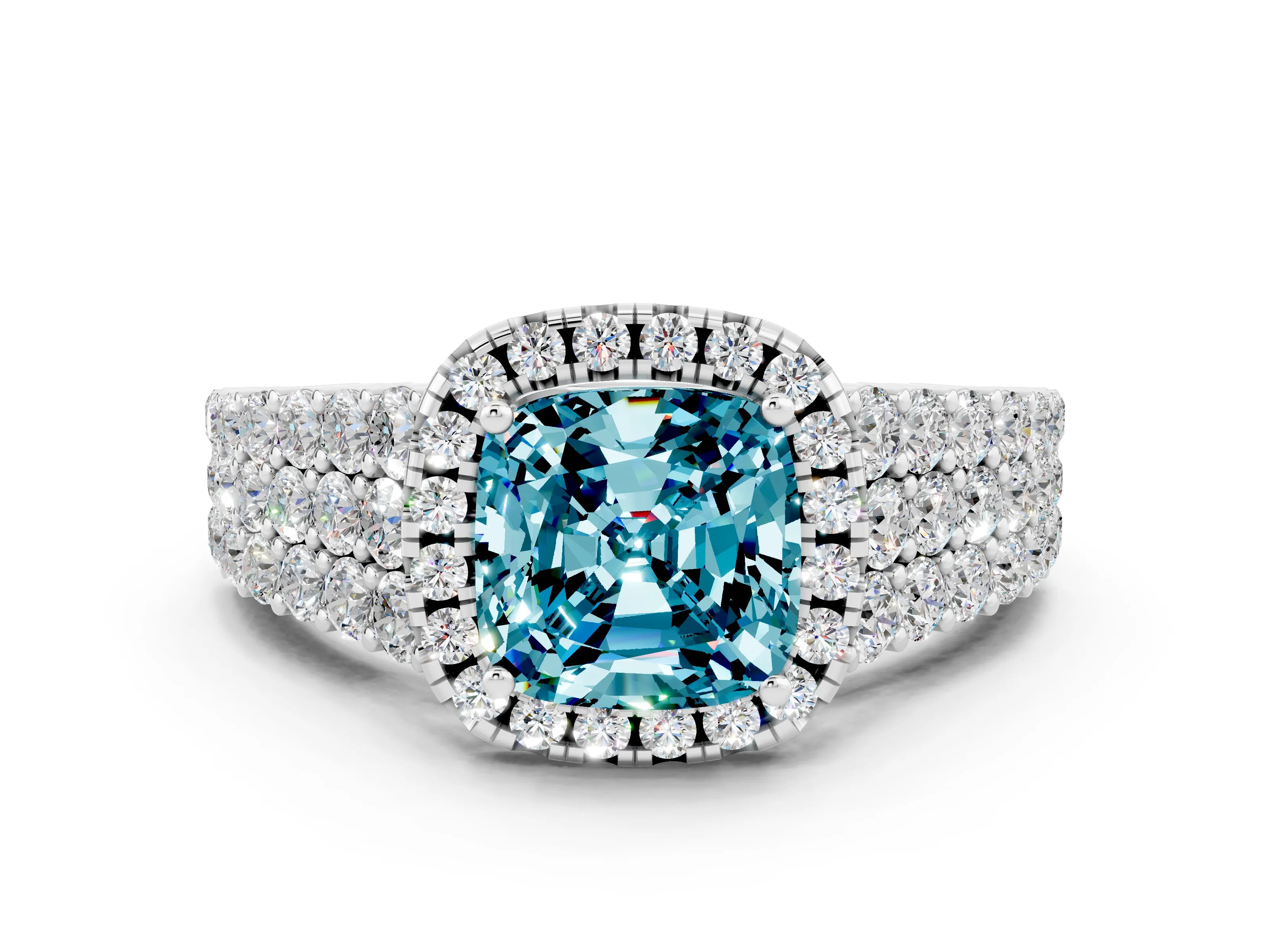 White gold Cushion Cut Halo Pavé Diamond Engagement Ring with Split Shank and Four-Prong Setting