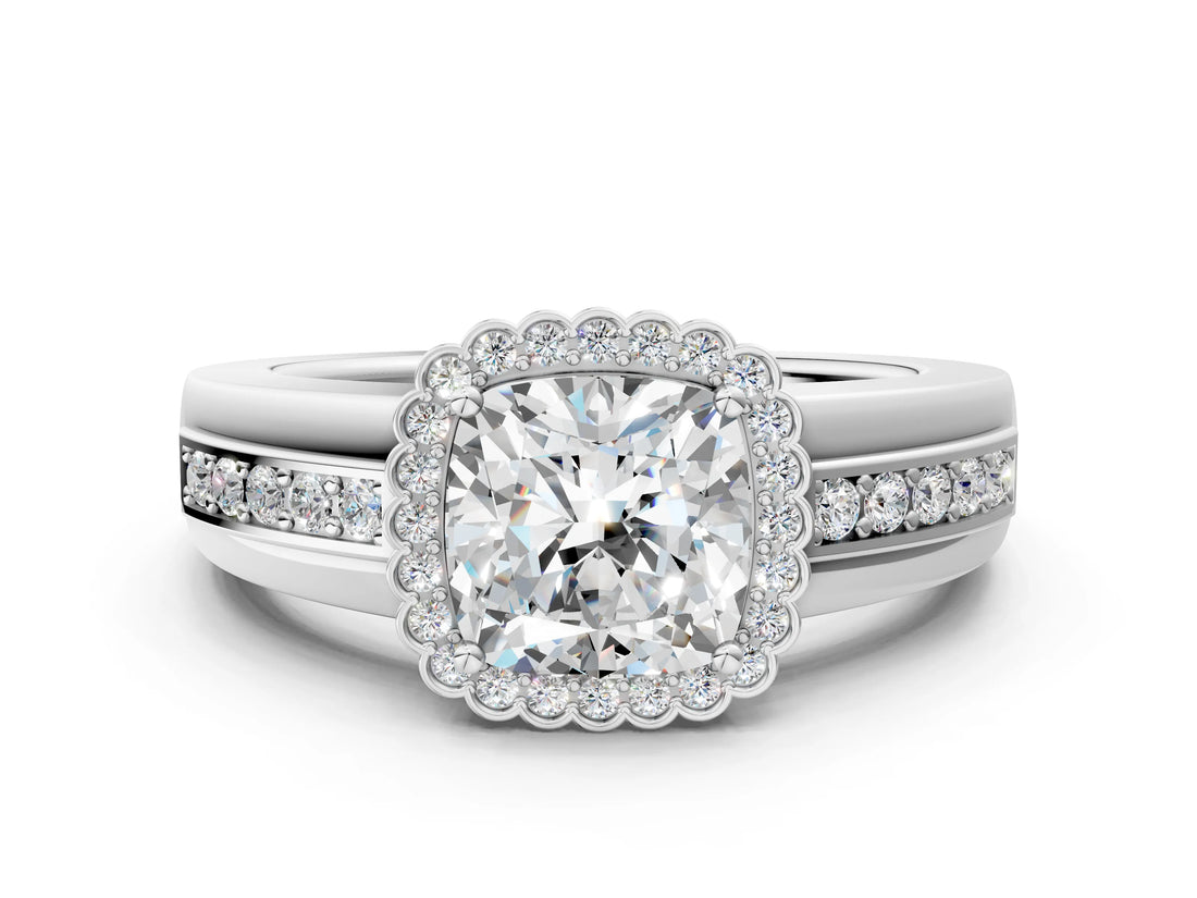 White gold Cushion Cut Halo Pave Band Four-Prong Ring_142