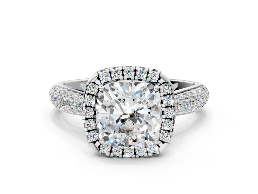 White gold Cushion Cut Halo Pave Band Four-Prong Setting Ring_37