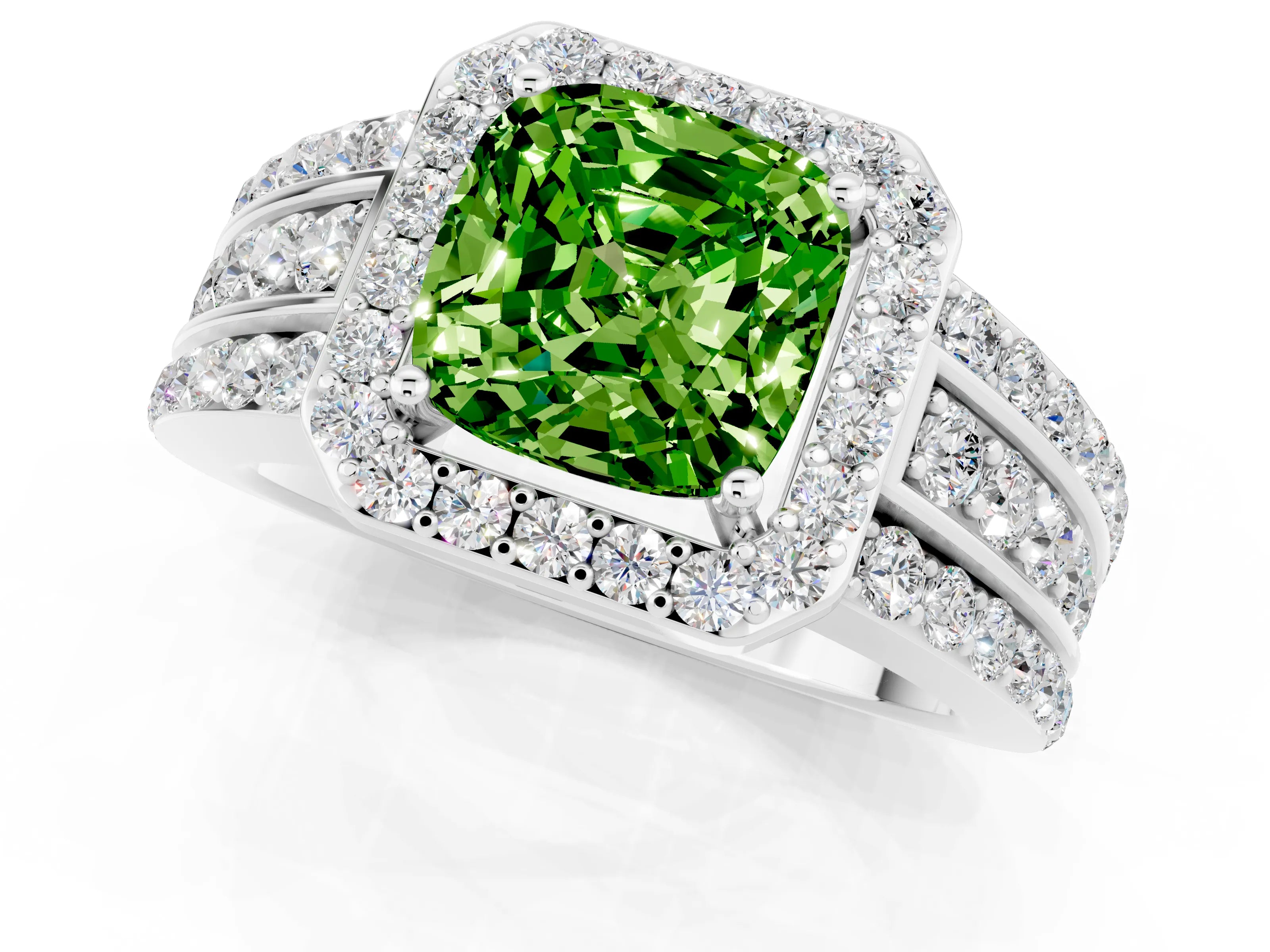White gold Cushion Cut Halo Peridot Ring with Split Shank and Four-Prong Setting_1