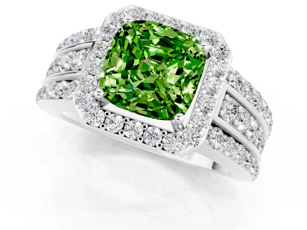Silver Cushion Cut Halo Peridot Ring with Round  Split Shank and Prong Setting